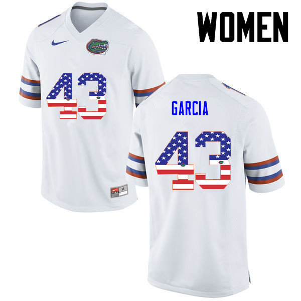 Women Florida Gators #43 Cristian Garcia College Football USA Flag Fashion Jerseys-White
